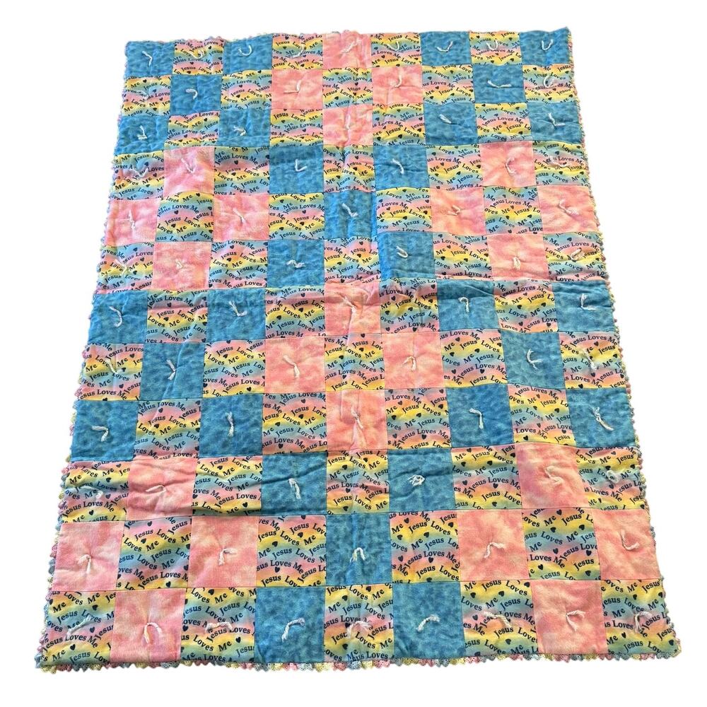Handmade Childrens Patchwork Quilt Jesus Loves Me Pink Blue 35x47" Tie Dye Lace
